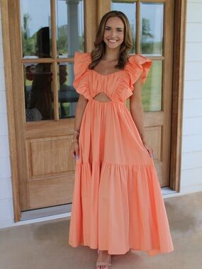 Ina Coral Peach Ruffle Maxi Dress with Front Cutout Size S 100%Cotton